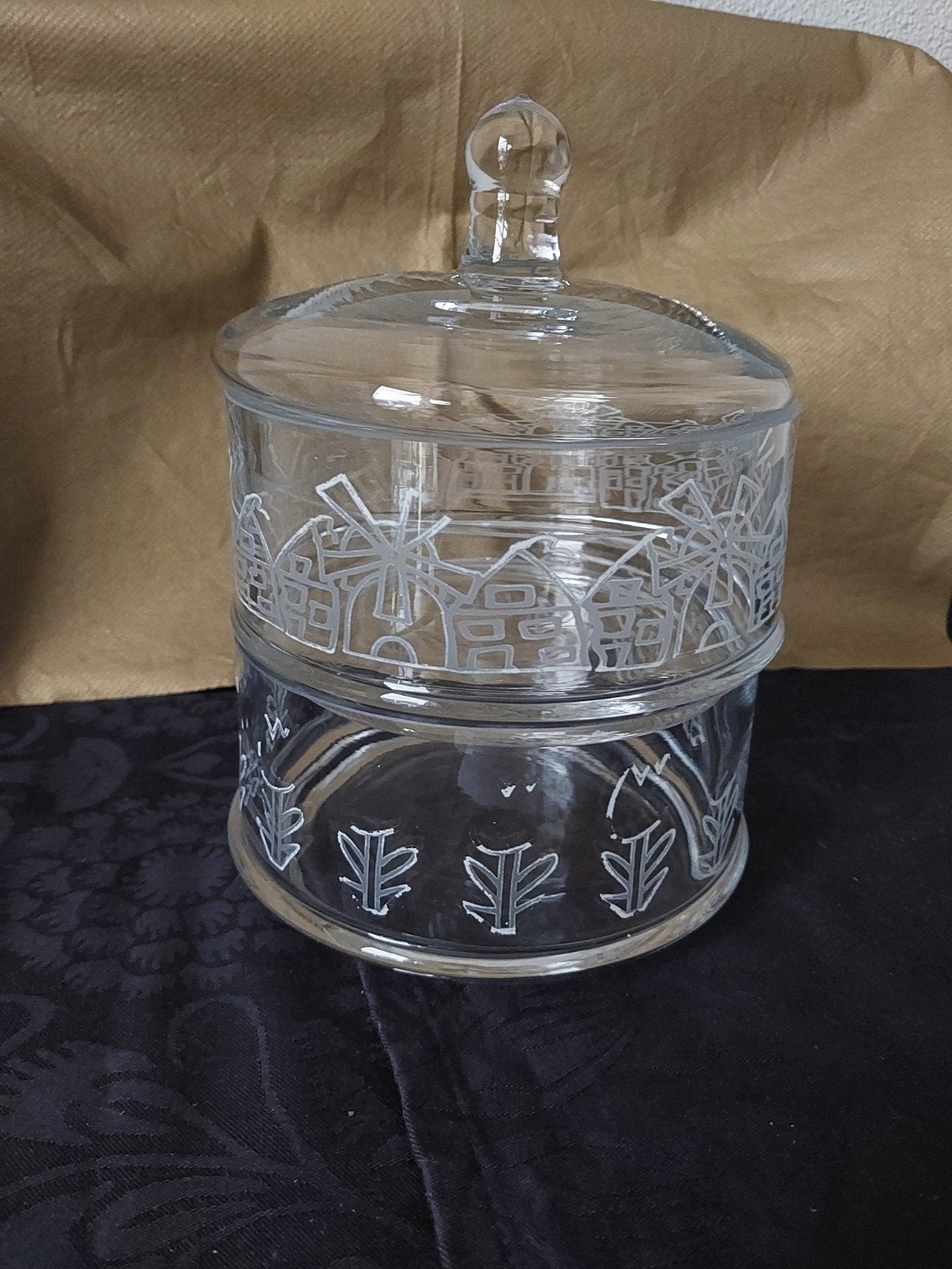 Vintage glazen stapelpot/bonbonnière met Hollands thema, Huis en Inrichting, Woonaccessoires | Etagères, Ophalen of Verzenden