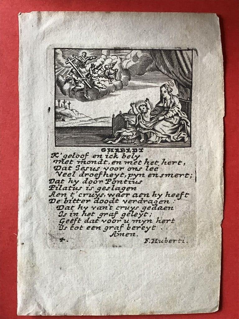 7e Gravure F. Huberti Ghebedt "K' geloof en ick bely...", Antiek en Kunst, Gesigneerd, Religie, Gravure, 9 cm
