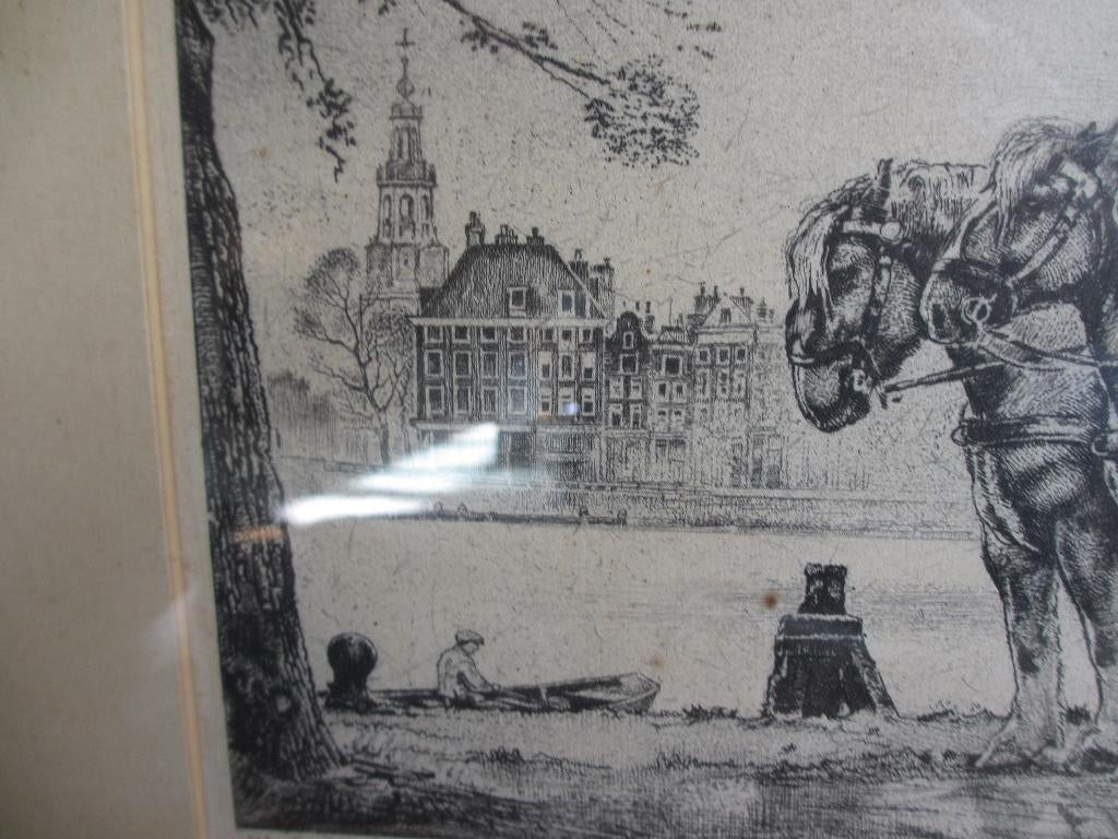 Willem Gerard Hofker ets Bierwagen langs de Amstel, Dagelijks leven, Ophalen of Verzenden, Gesigneerd, 1950 - 1999