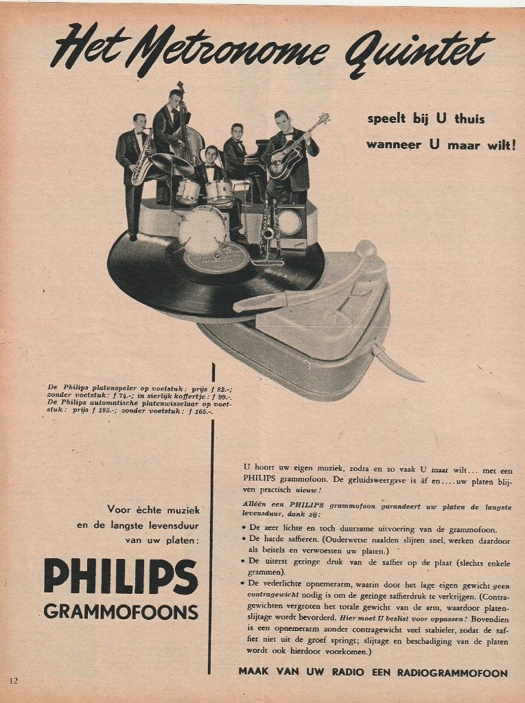 Retro reclame 1956 Philips platenspeler op voetstuk, Verzenden, Overige typen