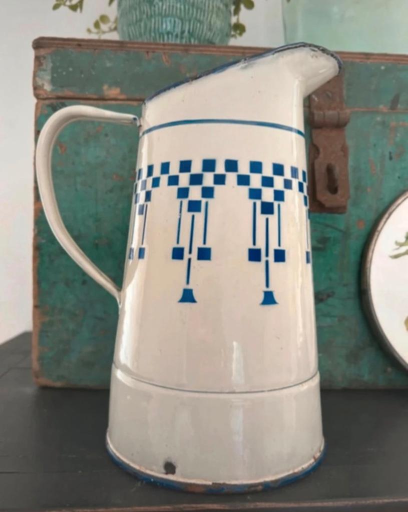 Frans emaille waterkan blauw / geblokt, Antiek en Kunst, Antiek | Emaille, Ophalen of Verzenden