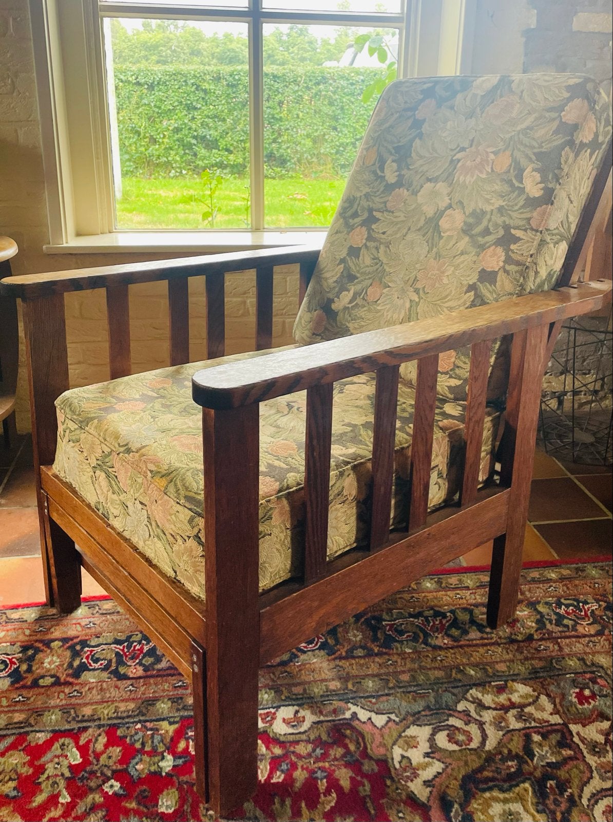 Rookstoel met uitschuifbare voetenbank, Huis en Inrichting, Fauteuils, Ophalen, Gebruikt, Hout, 75 tot 100 cm