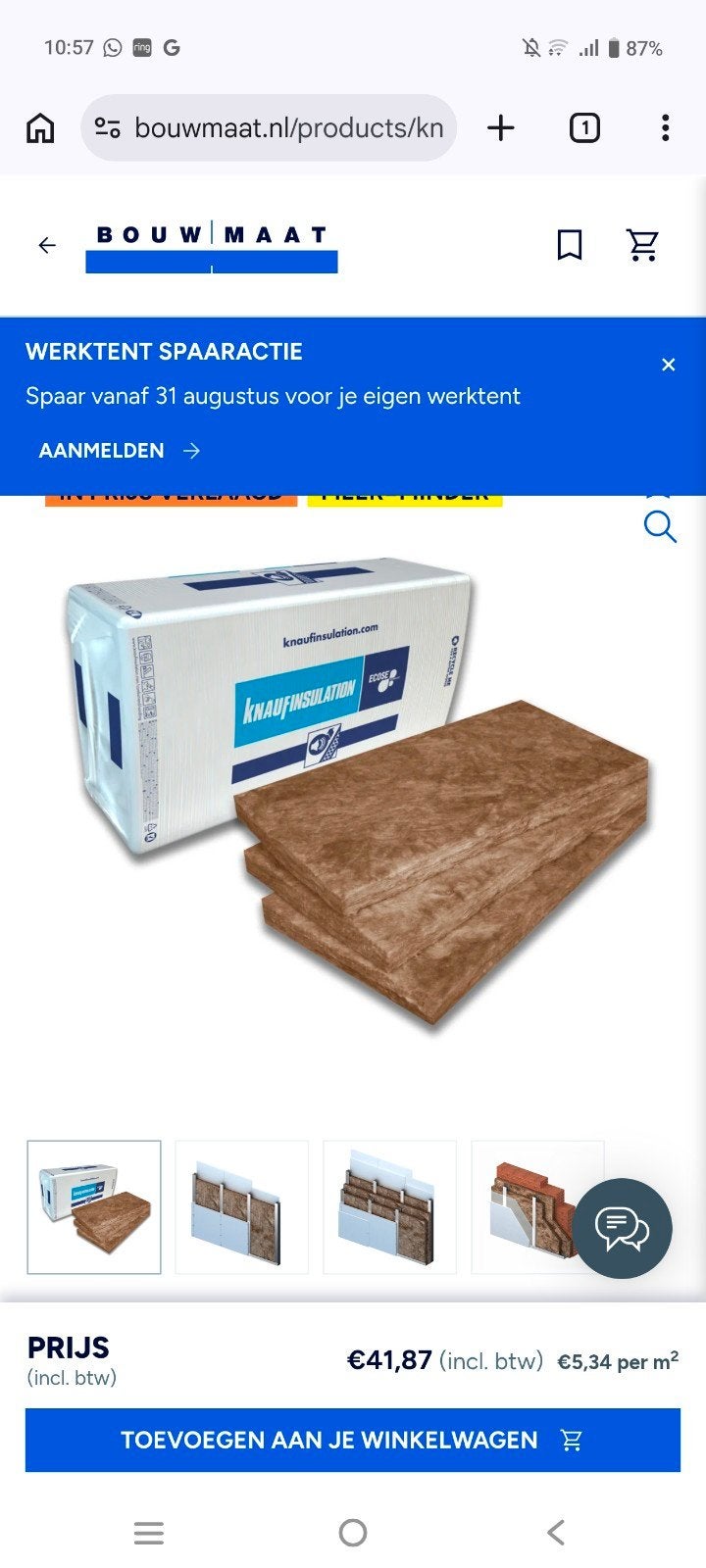Knauf Insulation Glaswol Isolatie platen 70mm, Ophalen, Nieuw, Glaswol, 4 tot 8 cm