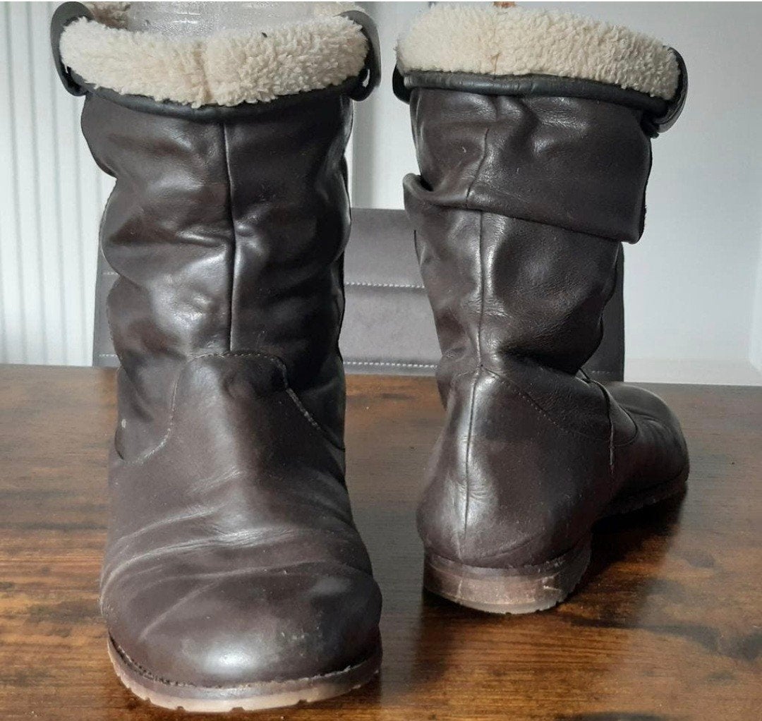 Donkerbruine leren (sneeuw)laarzen maat 40 met teddy voering, Ophalen of Verzenden