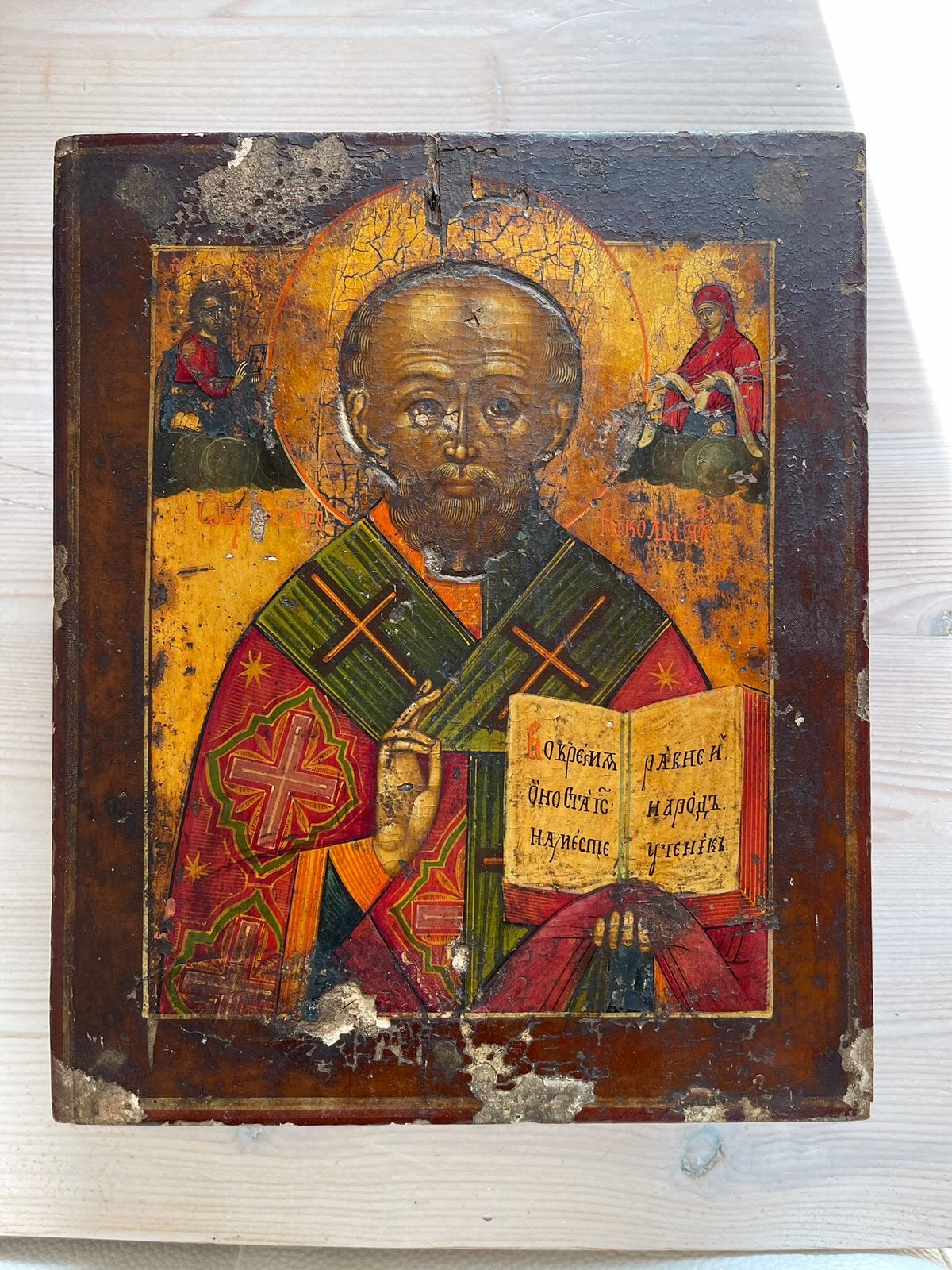 Antieke Russische orthodoxe icoon 19 e eeuws Sint Nicolaas, Ophalen of Verzenden