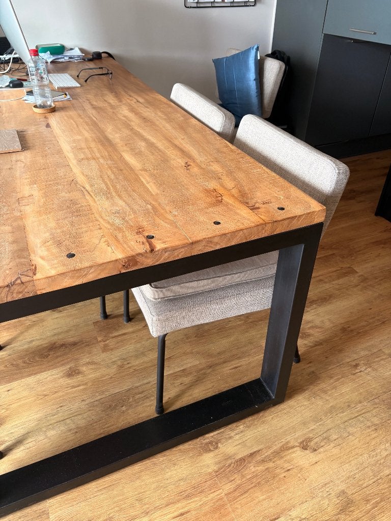 Massief industriële eettafel 2.20 x 1.00 m, Huis en Inrichting, Overige houtsoorten, 200 cm of meer, Rechthoekig, 50 tot 100 cm