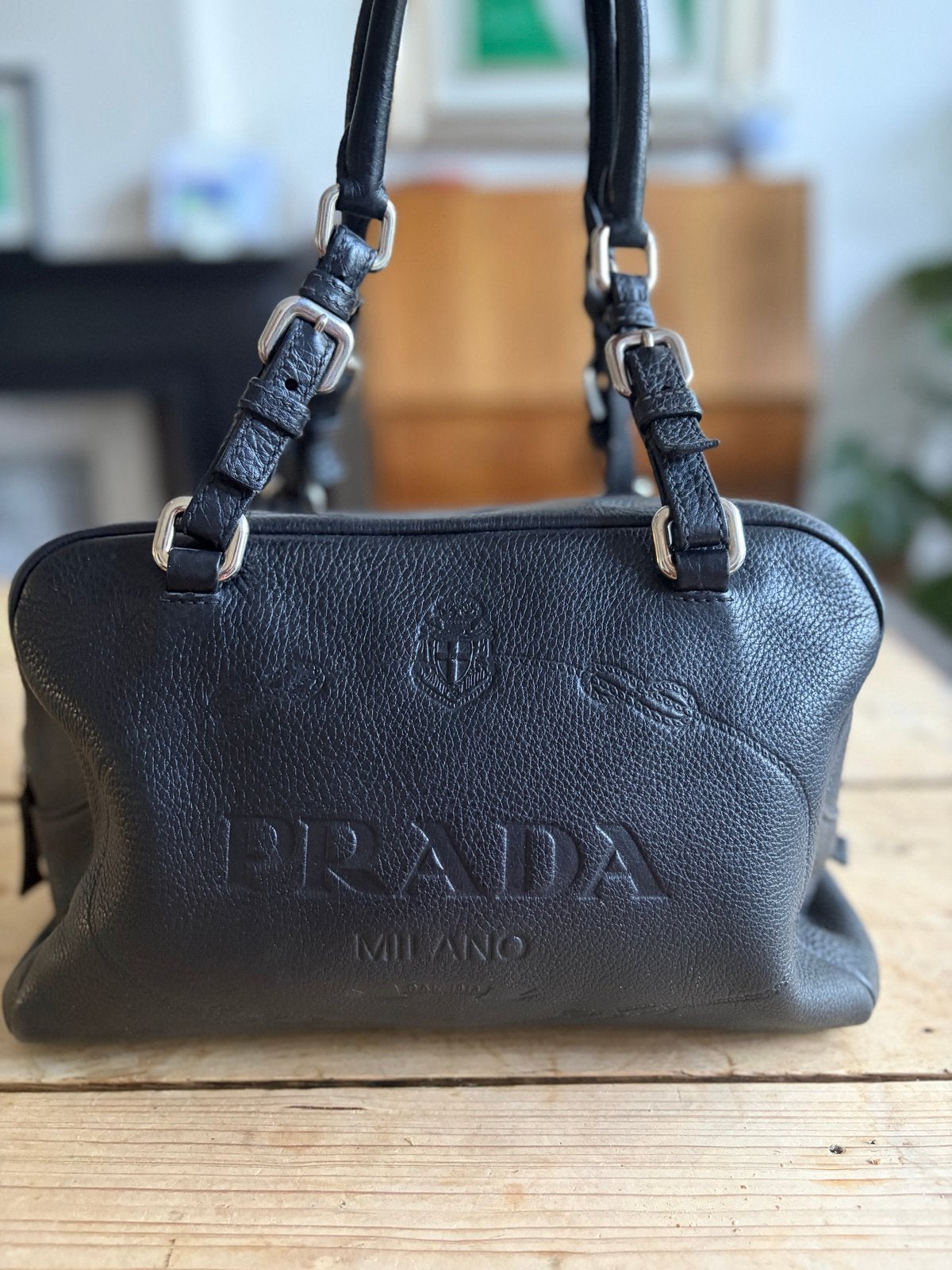 Prada Vitello Daino Bauletto Tas Zwart, Ophalen of Verzenden, Gebruikt, Zwart, Handtas