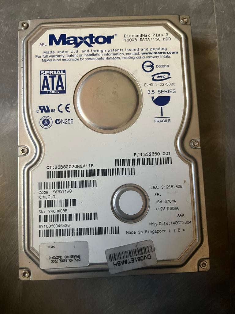 Maxtor 160GB Sata HDD, Intern, Gebruikt, 160GB, Desktop