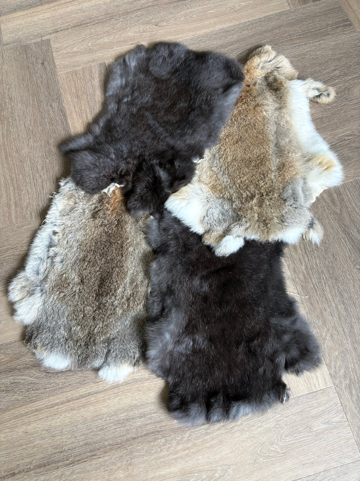 4 Nieuwe konijnenvachtjes - Rookvrij huis, Ophalen of Verzenden, Nieuw, Meerkleurig, Natuurlijk materiaal