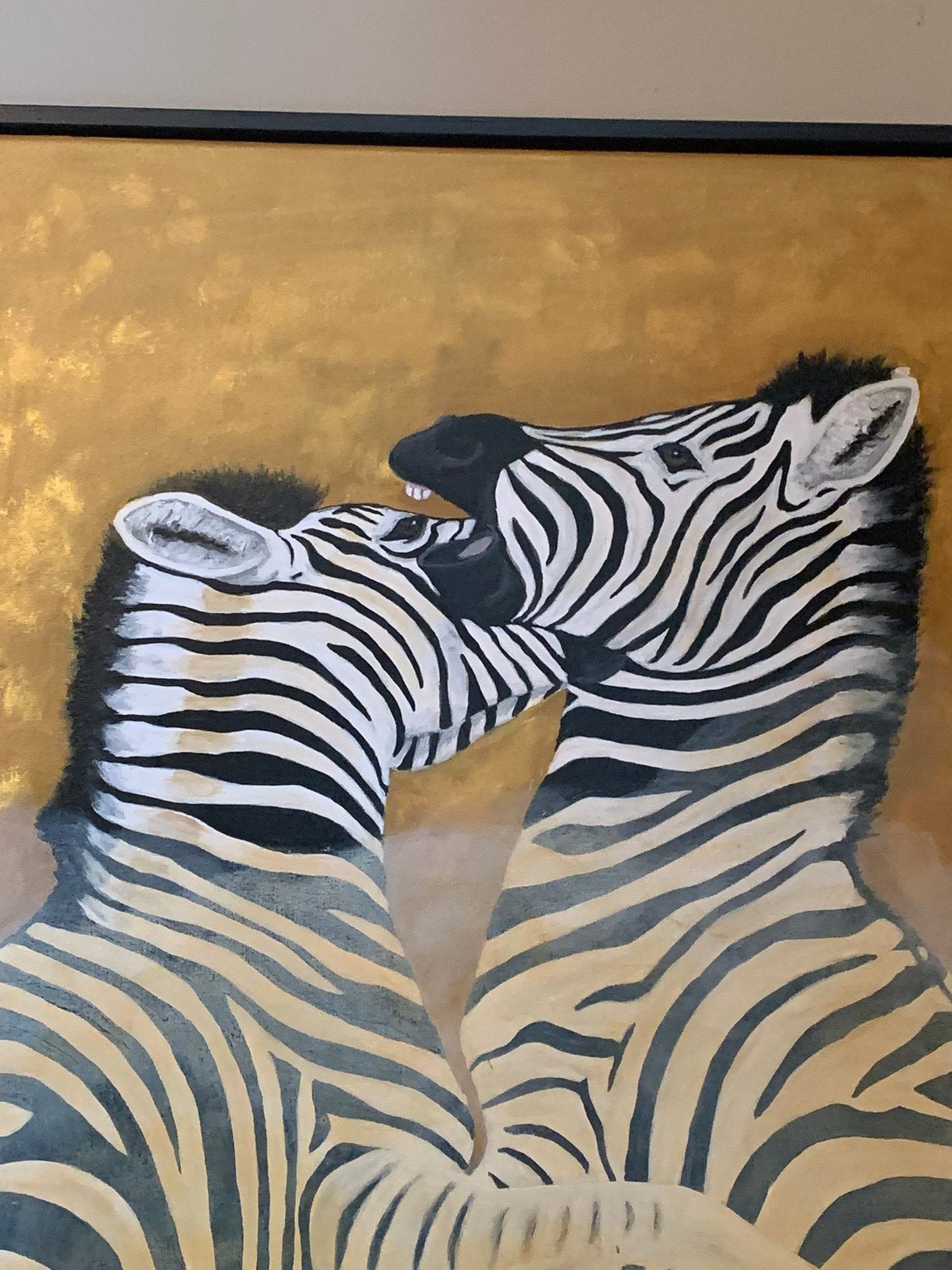 Schilderij van twee spelende zebra’s in lijst, Antiek en Kunst, Ophalen