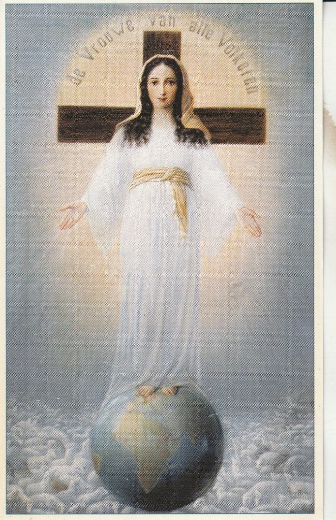 Bidprentje Vrouwe van alle Volkeren - Maria, Verzamelen, Ophalen of Verzenden, Gebruikt, Kaart of Prent, Christendom | Katholiek