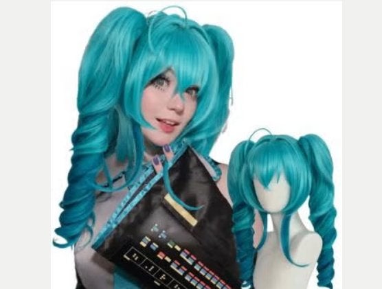 Blauwe gradient anime cosplay pruik dubbele paardenstaart