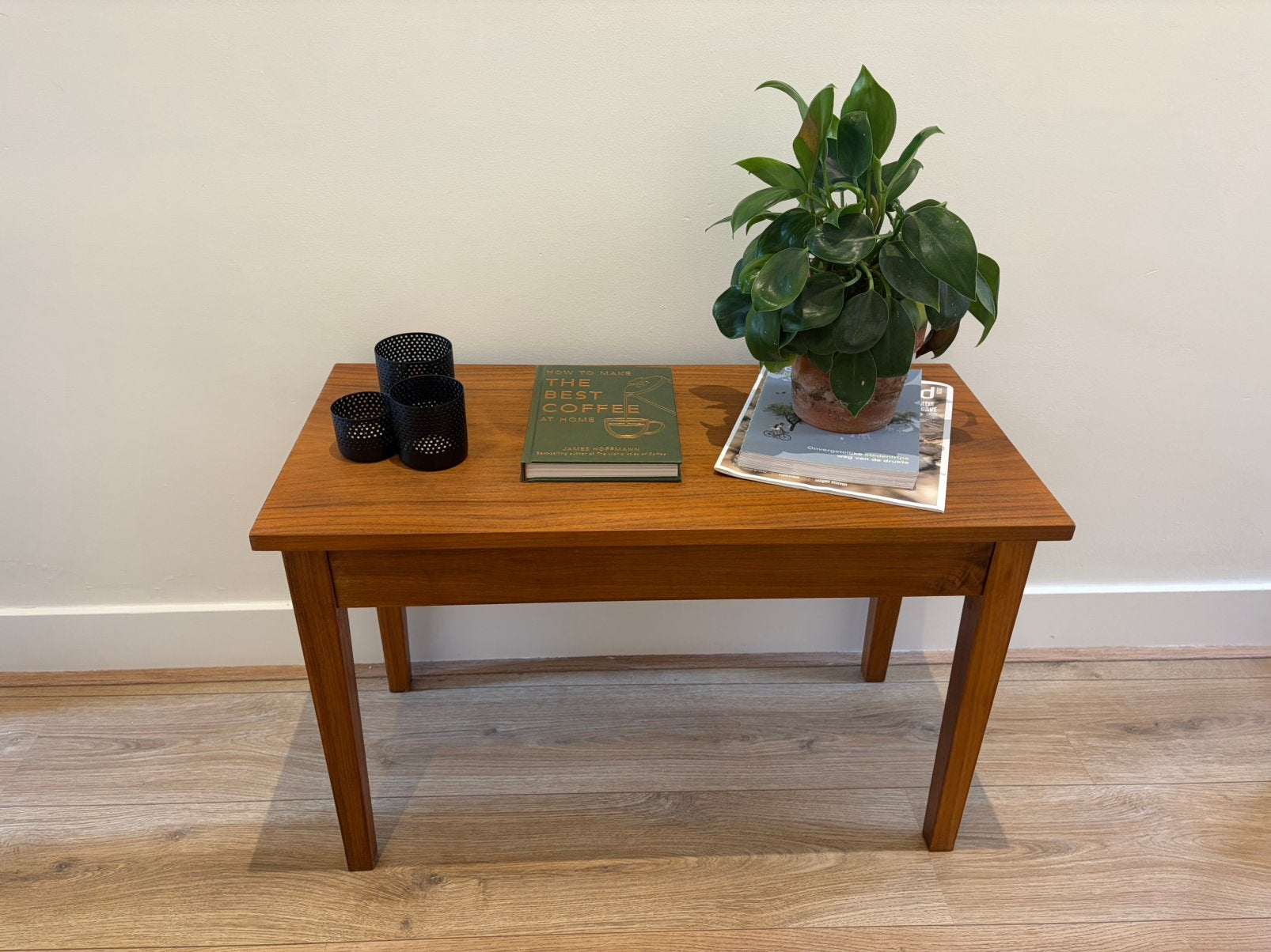 Vintage Mid-Century Teak Houten Bankje / Bijzettafel, Huis en Inrichting, Tafels | Sidetables, Ophalen, 50 tot 100 cm, Teakhout
