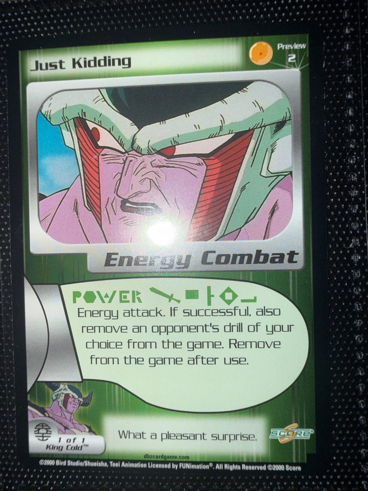 Dragon Ball Z TCG: Just Kidding (King Cold) Preview Kaart, Ophalen of Verzenden, Zo goed als nieuw, Losse kaart
