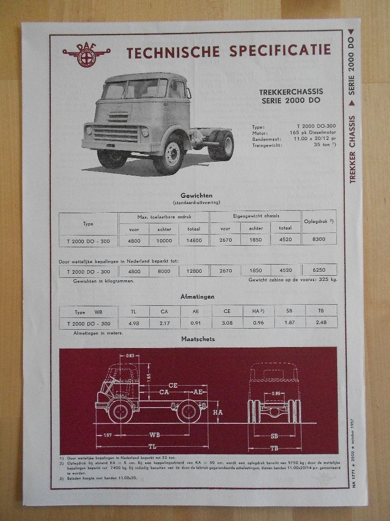 DAF 2000 DO Technische Specificatie folder 1957 2000DO, Ophalen of Verzenden, Zo goed als nieuw, Overige merken, DAF