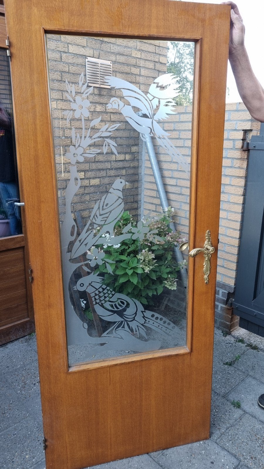 2 Houten deuren met duiven en vogel geëtst in glas, Ophalen, Glas, Binnendeur, 200 tot 215 cm