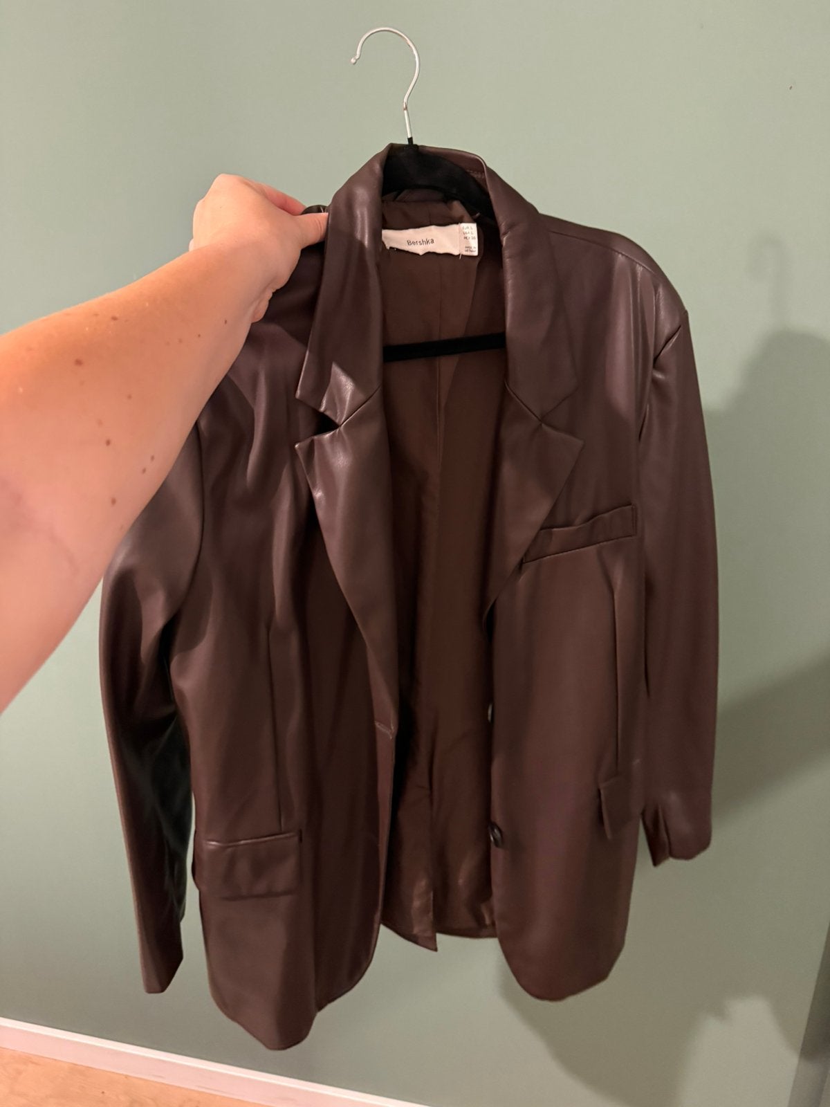 Bruine leren blazer Bershka, Ophalen of Verzenden, Zo goed als nieuw, Bruin
