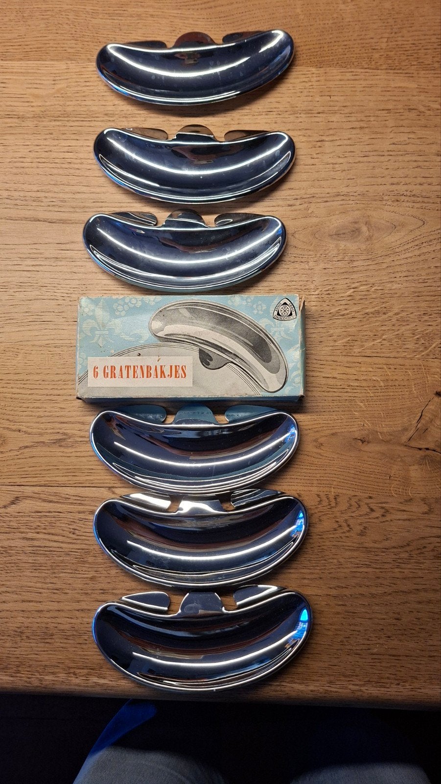 Set van 6 vintage gratenbakjes - verchroomd metaal, Ophalen of Verzenden
