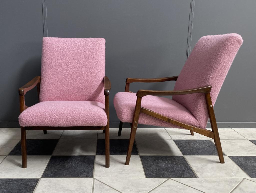60 jaren Jiri Jiroutek fauteuil opnieuw bekleed roze bouclé, Ophalen, 75 tot 100 cm, Stof, 75 tot 100 cm