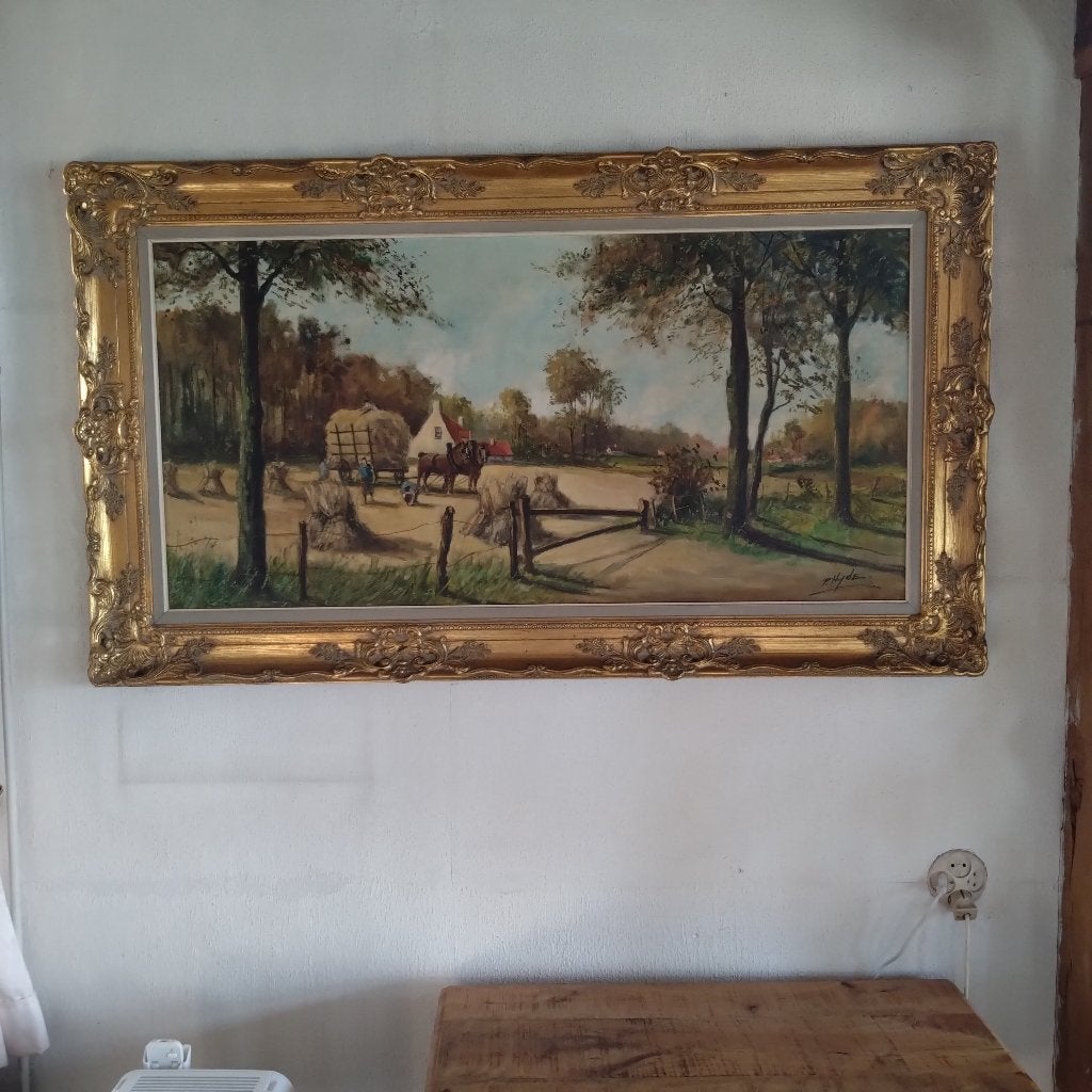 schilderij 140x85 landelijk leven, Antiek en Kunst, Ophalen, Doek, Oud hollands, Landschap