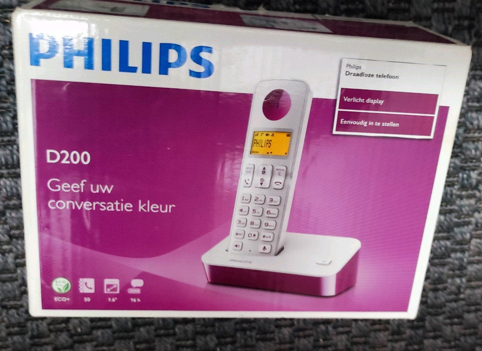 Philips D200 Dect telefoon - Draadloos - Wit/Paars, Ophalen of Verzenden, Nieuw, 1 handset, Stralingsarm