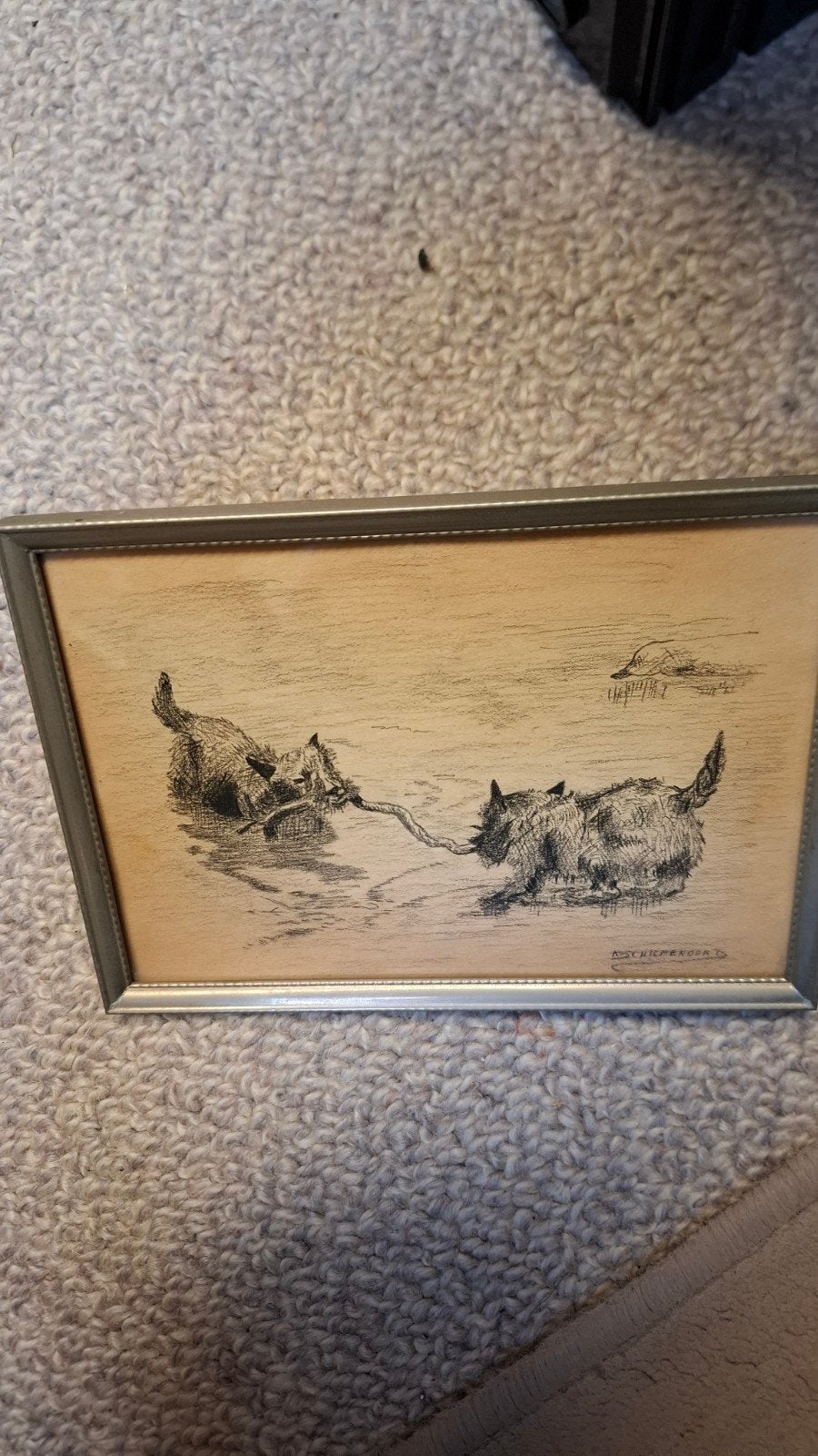 Pentekening van twee spelende honden in lijst, Ophalen of Verzenden, Tekening, Pentekening, Ingelijst