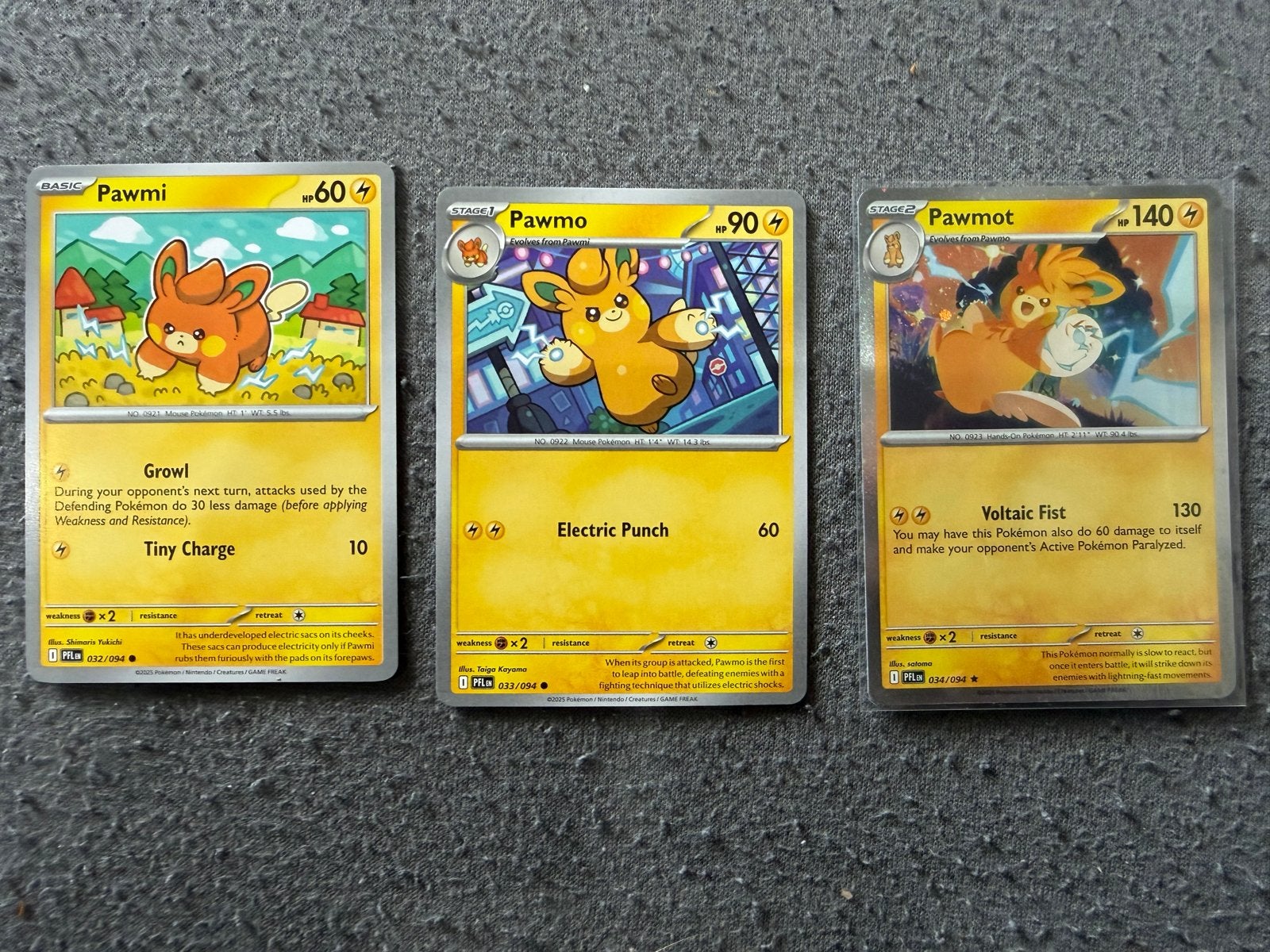 Pokémon Kaarten: Pawmi, Pawmo, Pawmot Evolutie Set, Ophalen of Verzenden, Zo goed als nieuw, Meerdere kaarten
