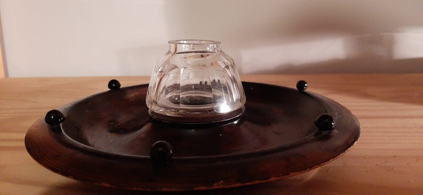 Glazen inktpot op houten onderstel jaren 60, Antiek en Kunst, Ophalen of Verzenden