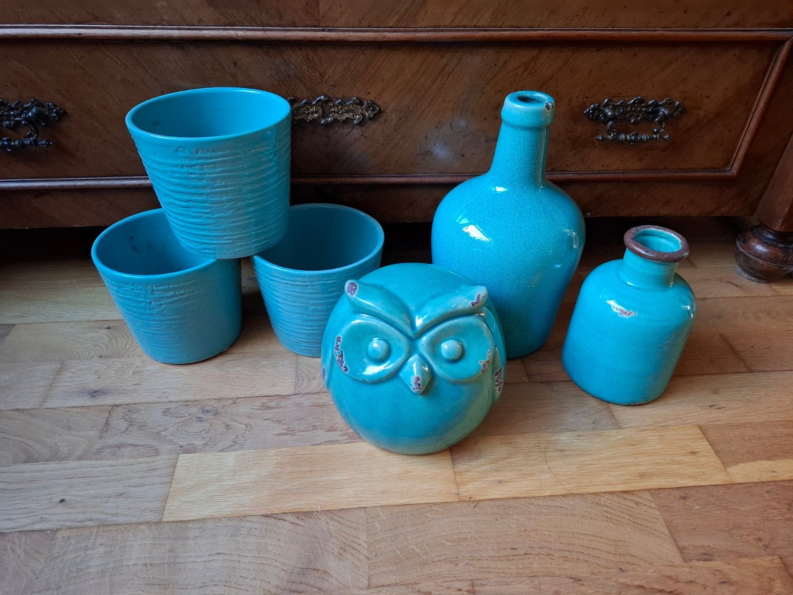 Mooie set turquoise bloempotten, vazen en uil, Huis en Inrichting, Woonaccessoires | Vazen, Ophalen of Verzenden, Zo goed als nieuw
