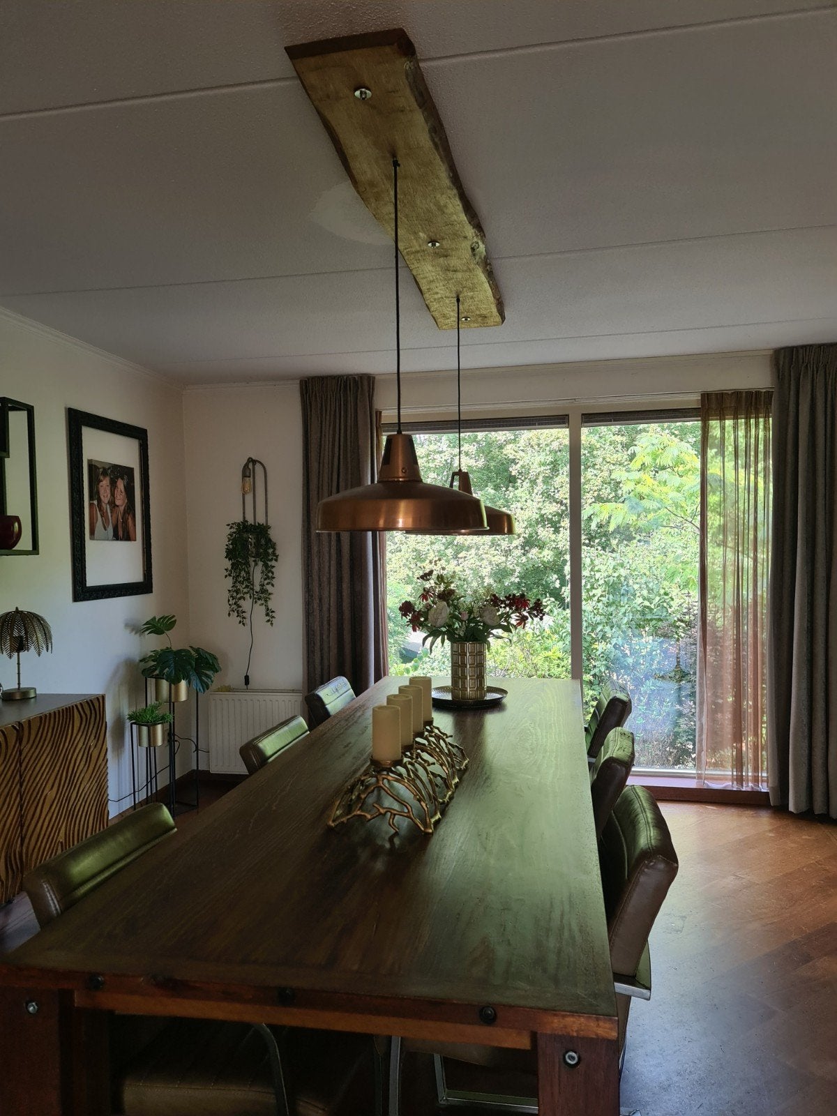 Amerikaans grenen eettafel - 290 cm met lampen, Ophalen, Gebruikt, Robuust, Landelijk, 200 cm of meer