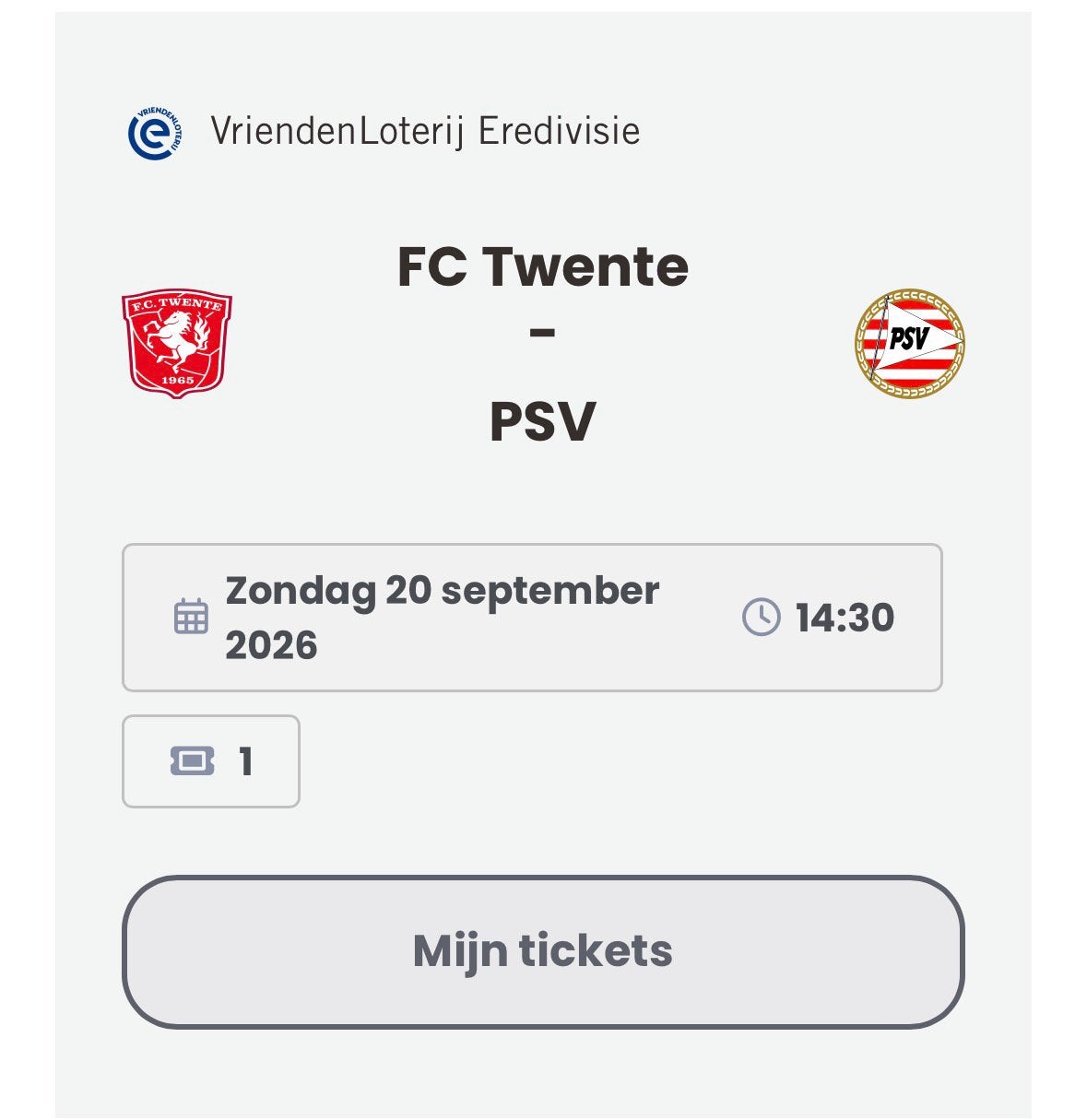 1 ticket FC Twente - PSV vak 318, Tickets en Kaartjes, Losse kaart, Eén persoon, September