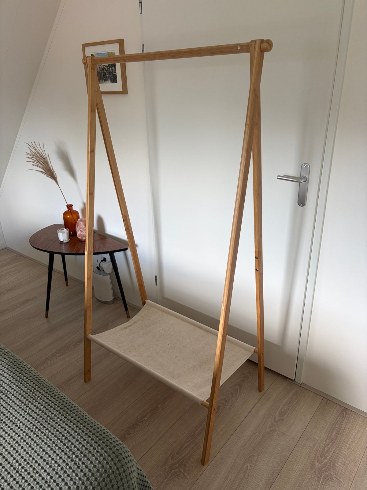 Houten kledingrek met stoffen opbergplank, inklapbaar, Ophalen, Zo goed als nieuw