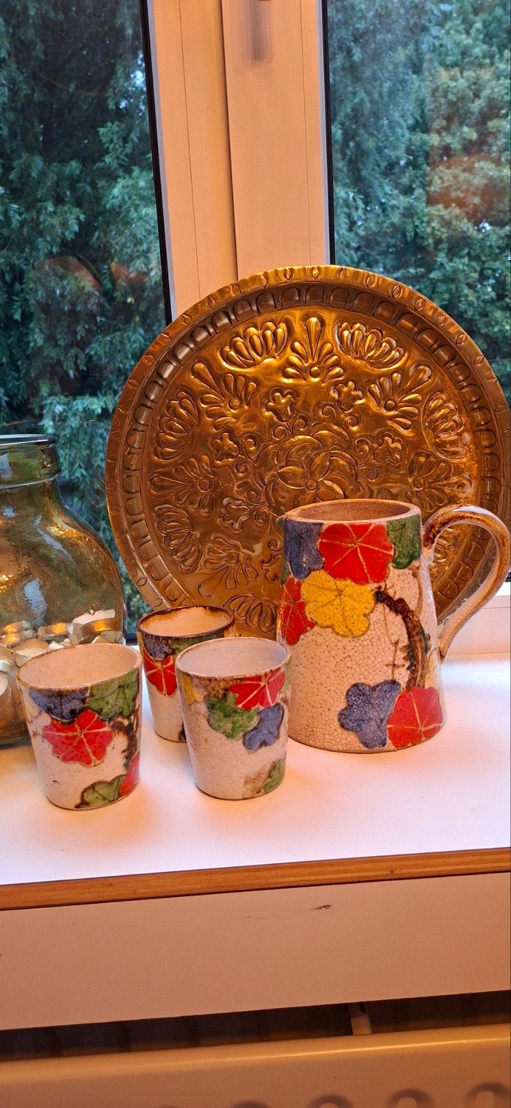 vintage keramiek, kan met 3 bekers, bloemmotief, Ophalen of Verzenden