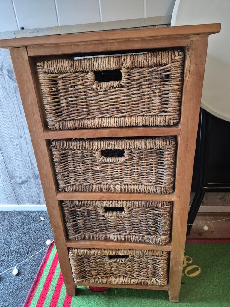Teak houten kastje met 4 opbergmanden, Ophalen, Minder dan 50 cm, Landelijk, Rustiek, Minder dan 100 cm