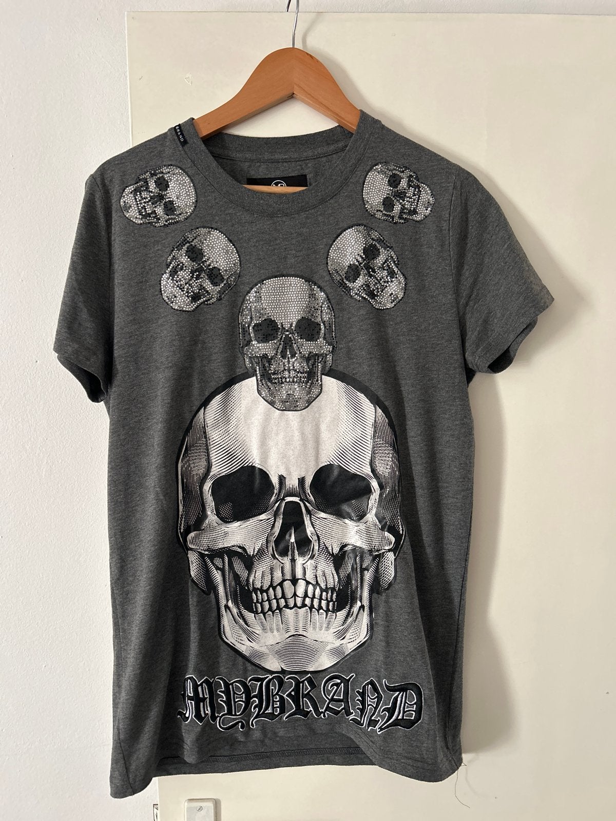 My Brand T-shirt met doodskop print en strass - Maat L, Ophalen of Verzenden, Zo goed als nieuw, Maat 52/54 (L), Grijs