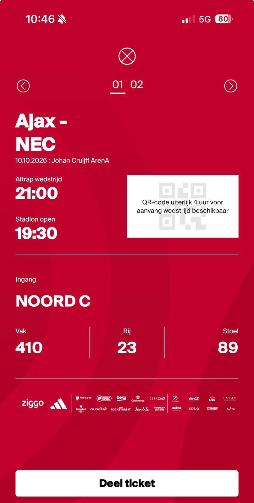 Ajax - Nec 2 tickets (niet naast elkaar!) ook los te koop, Losse kaart, Twee personen, Oktober