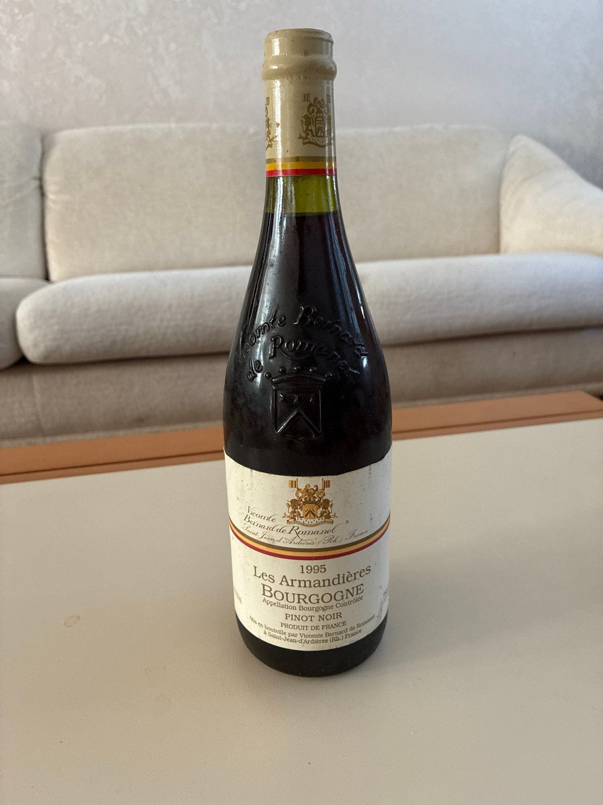 Les Armandières Bourgogne Pinot Noir 1995, Gebruikt, Frankrijk, Ophalen of Verzenden, Rode wijn