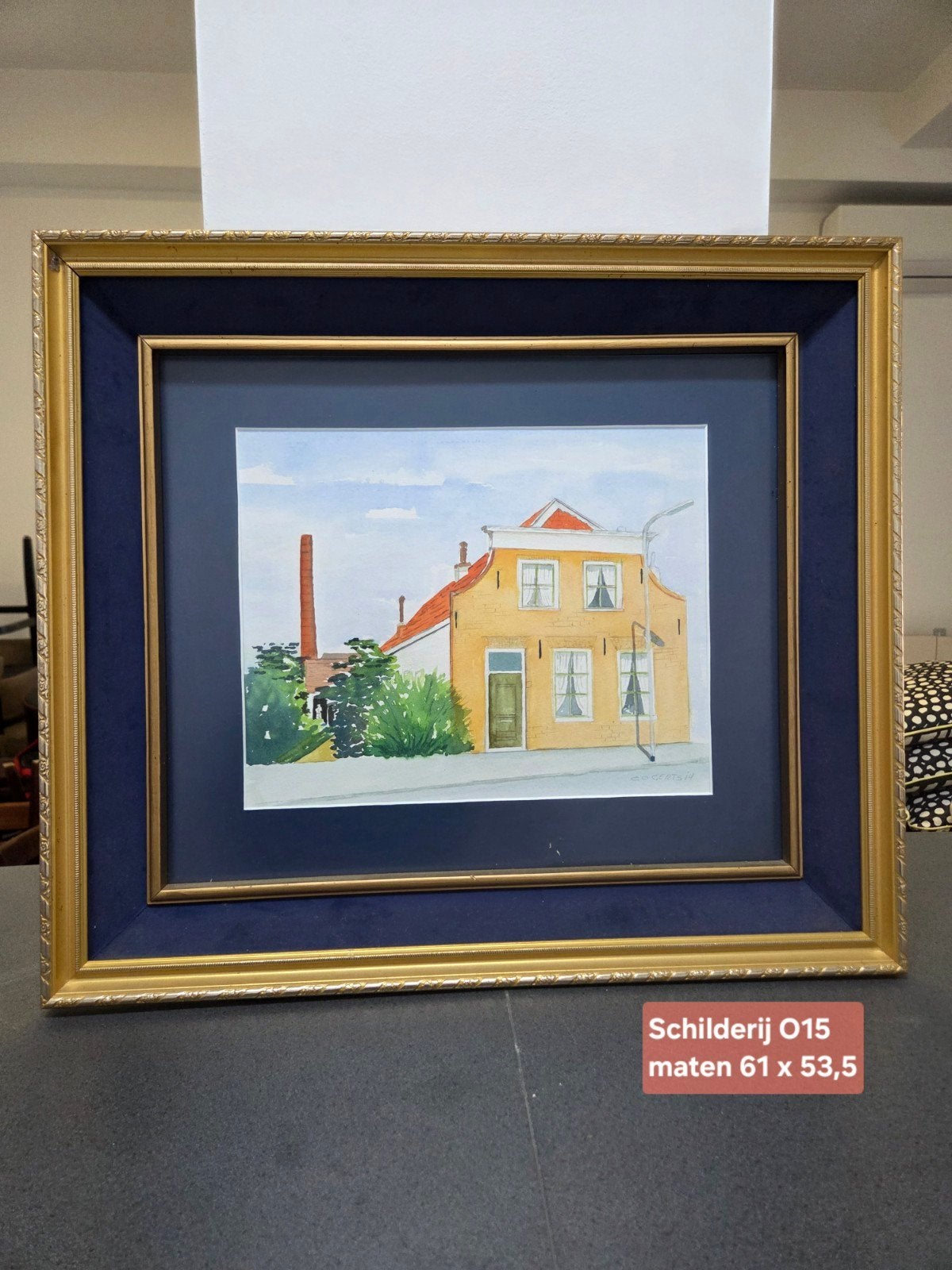 Schilderij O15: Stadsgezicht met fabriekspijp, Ophalen, Realistisch, Ingelijst, Aquarel