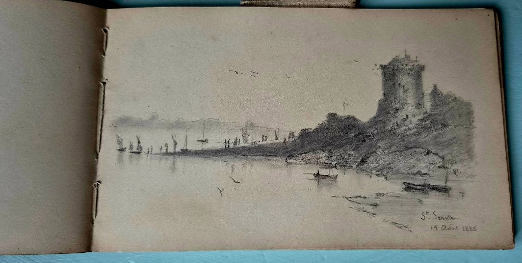 Schetsboekje van onbekende Franse kunstenaar ,19e eeuw, Ophalen of Verzenden, Tekening, Gemengde techniek, Gesigneerd