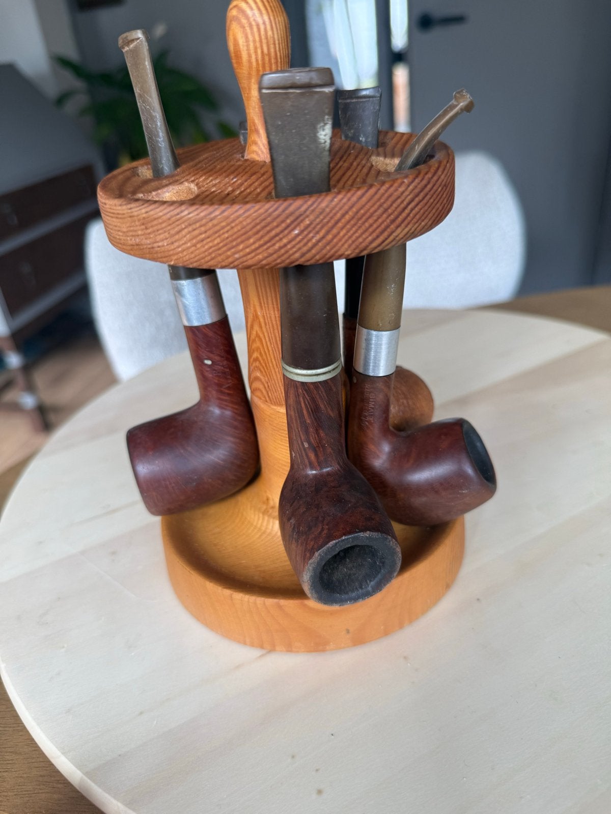 Vintage pijpenrek met 5 tabakspijpen - Hout, Verzamelen, Ophalen of Verzenden, Gebruikt, (Water)pijp