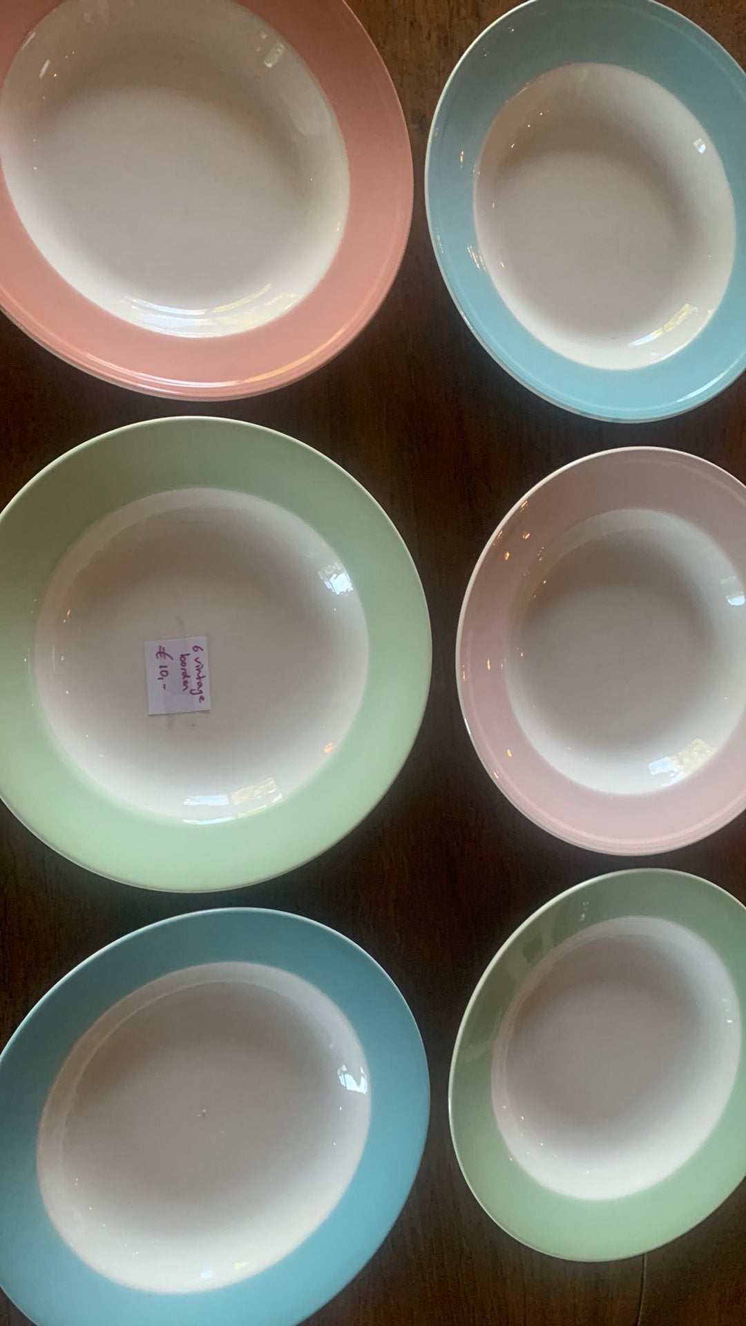 Zes vintage diepe borden pastel tinten, Antiek en Kunst, Ophalen