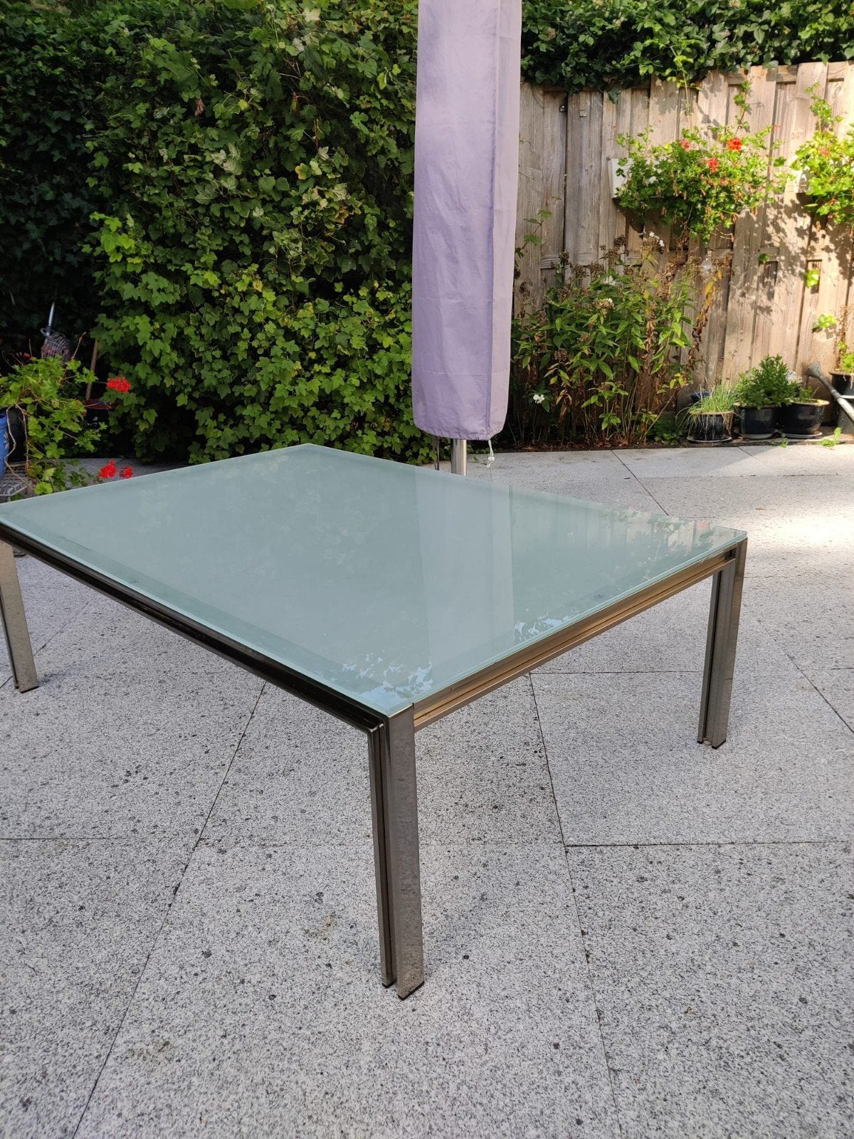 Glazen salontafel met RVS onderstel (86x126x41 cm), Ophalen, Gebruikt, 100 tot 150 cm, 50 tot 100 cm