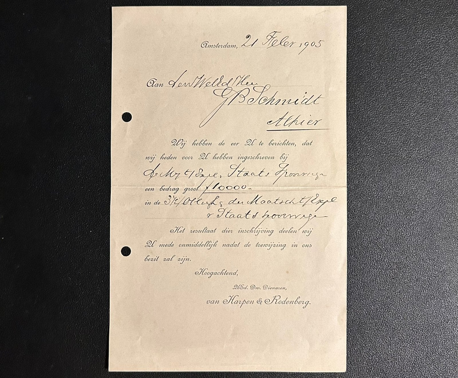 Bewijs van inschrijving aandelen Staatsspoorwegen (1905), Ophalen of Verzenden, Gebruikt, Trein
