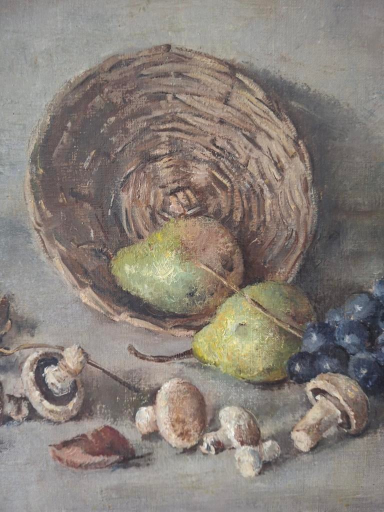 Olieverf stilleven met peren,druiven en champignons, Antiek en Kunst, Kunst | Schilderijen | Klassiek, Ophalen of Verzenden