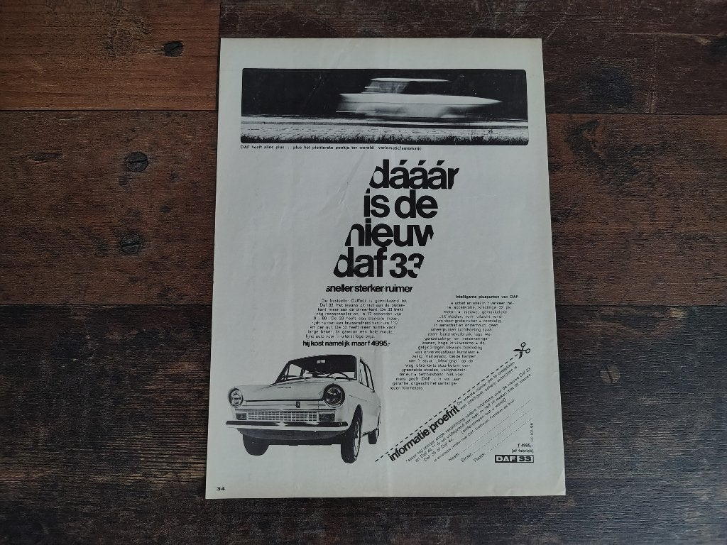 Reclame: DAF 33 / Variomatic (1968) 29 x 21 cm, Verzenden, Gebruikt, Auto's