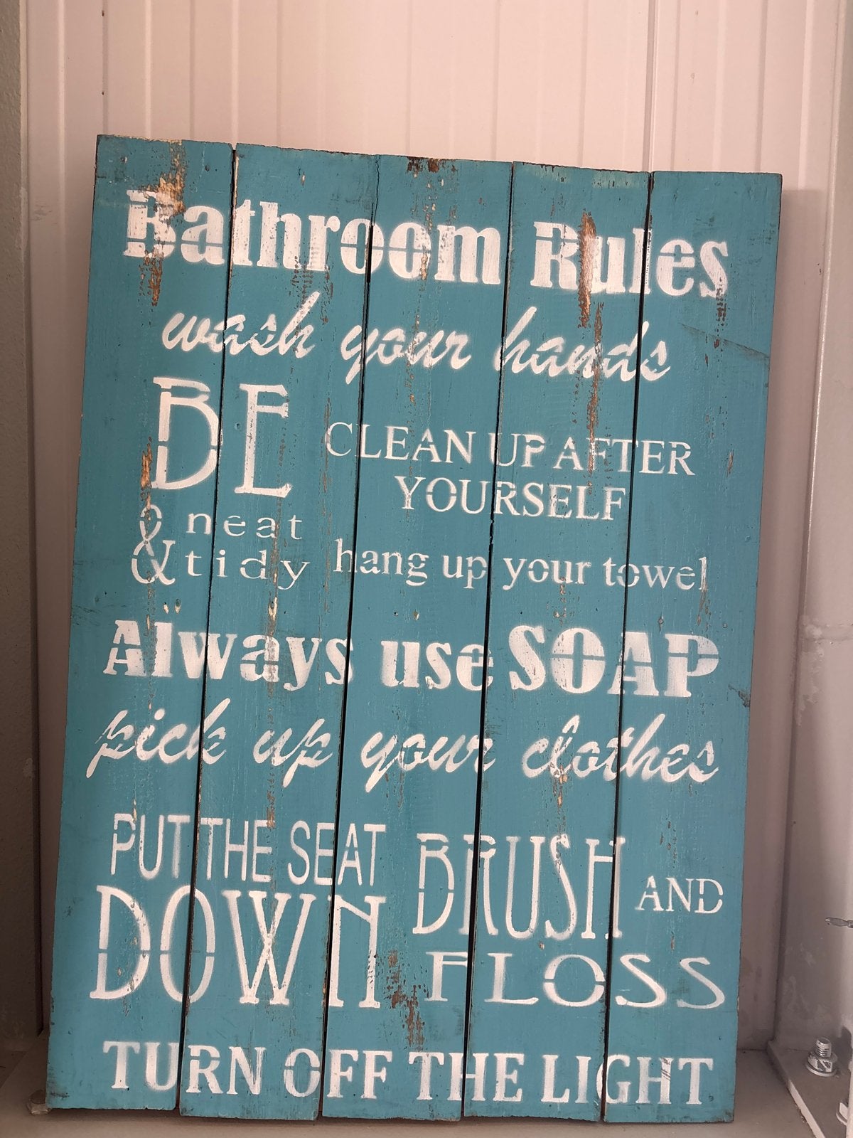 Houten Wandbord Blauw 50x70 cm - Badkamer Regels, Gebruikt, Hout, Vintage, Ophalen of Verzenden