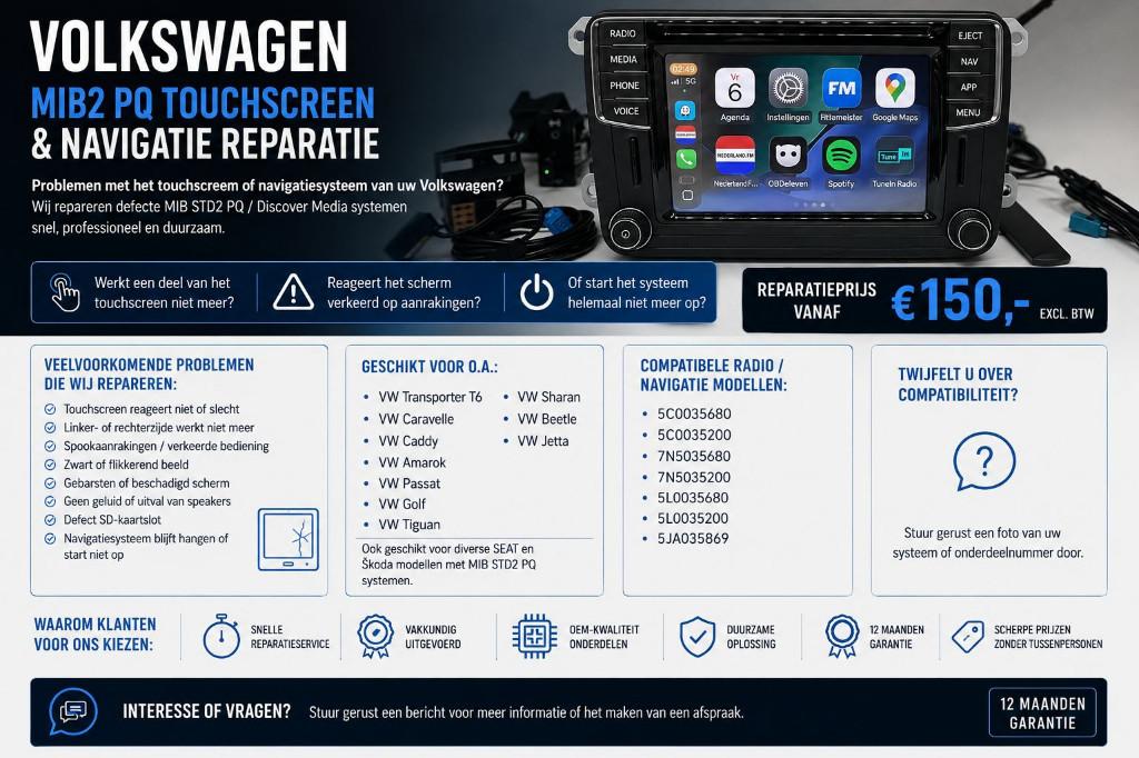 Volkswagen MIB2 PQ Touchscreen & Navigatie Reparatie, Auto diversen, Autoradio's, Ophalen of Verzenden