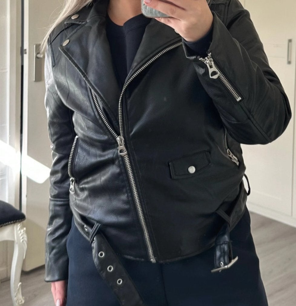 H&M oversized leren jacket met zakken en riem, Ophalen of Verzenden, Zo goed als nieuw, Maat 34 (XS) of kleiner, Zwart