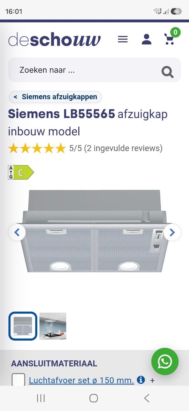Siemens LB55565, Witgoed en Apparatuur, Afzuigkappen, Gebruikt, Inbouw, 600 tot 800 m³ per uur, Motor, Ophalen
