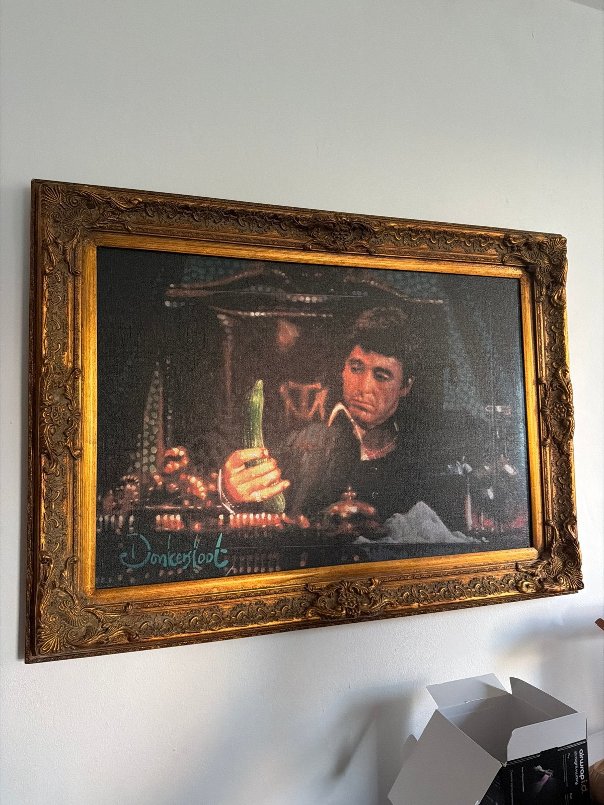 Uniek schilderij: Tony Montana met komkommer, Film, Ophalen of Verzenden, Ingelijst, Print